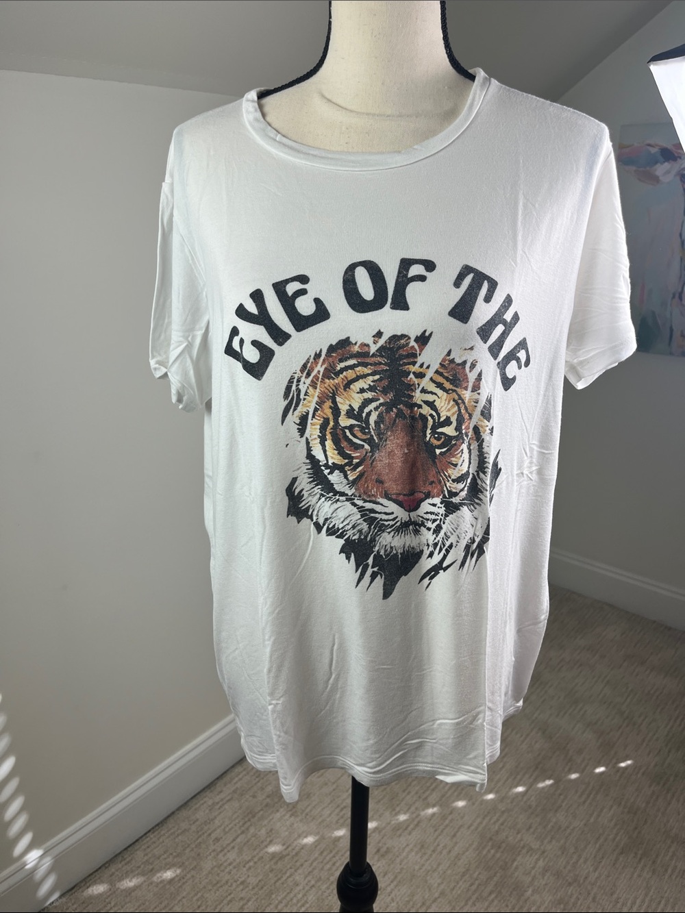 Zutter Women’s Large White Tiger Graphic Tee Eye of the Tiger Retro Oversized